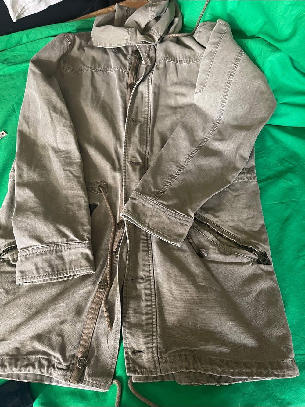 Vintage Olive Green Hooded Cotton Parka Jacket